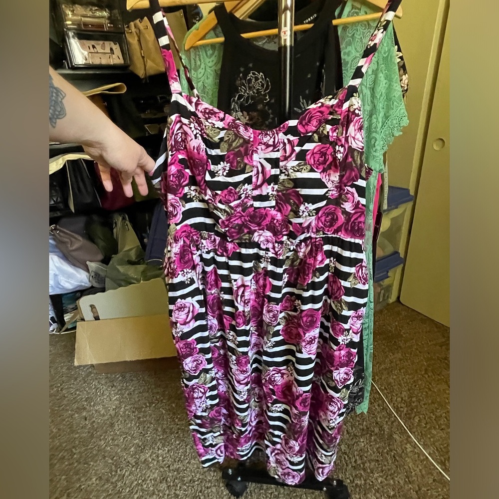 Torrid black & white stripe with floral print dress. size 2
